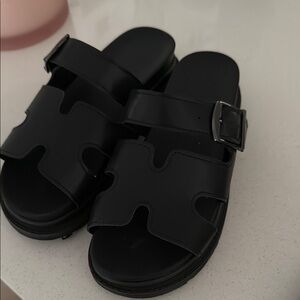 Black Slide Sandals with Buckle